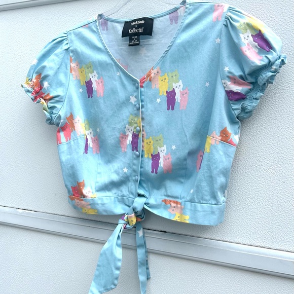 ModCloth X Collectif Cat Top Women L 10 Blue Multi Tie Button Front Puff Sleeves - Picture 10 of 13
